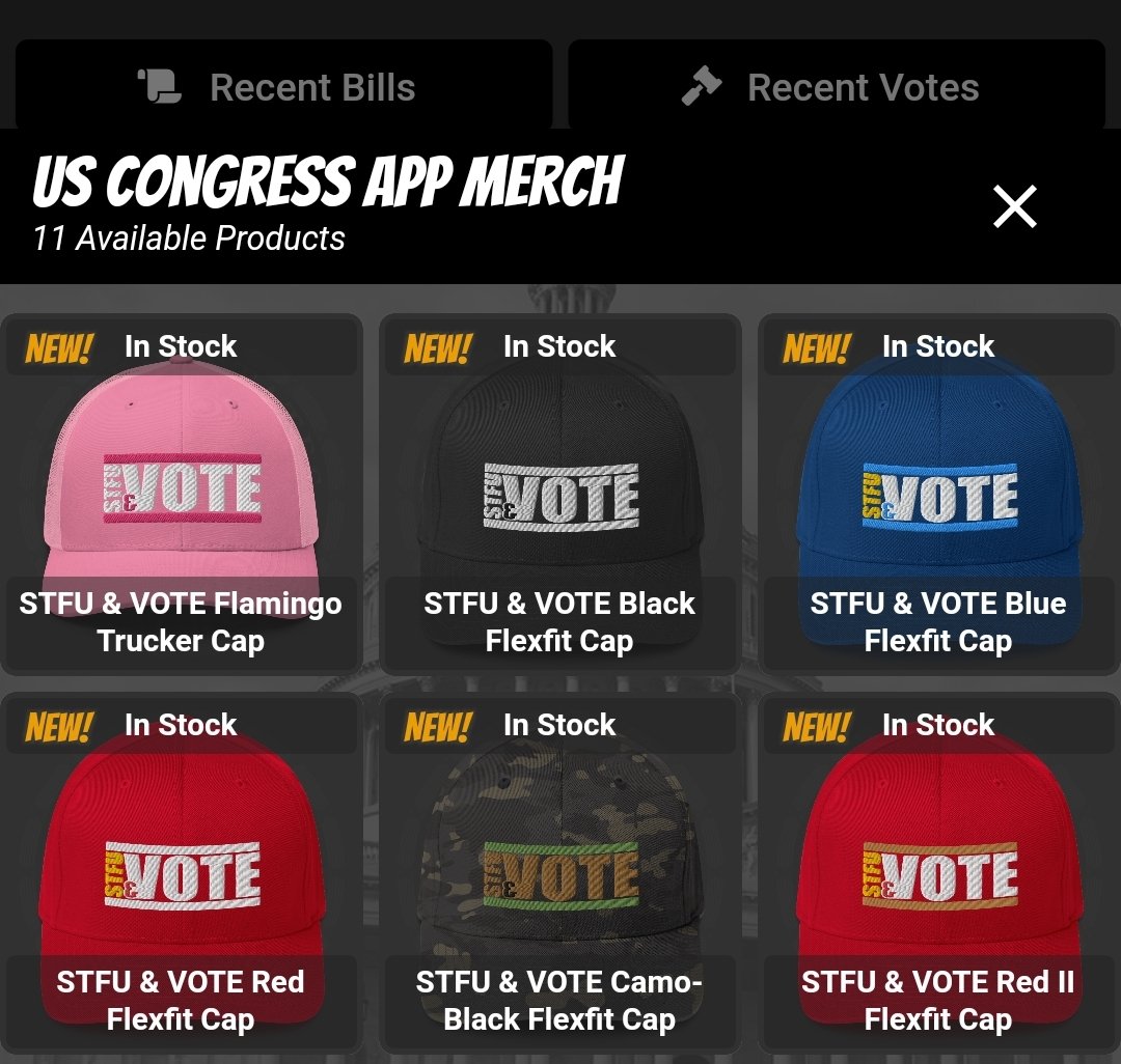 MettaCodeDev's tweet image. All users can now #purchase #app #merchandise from directly within the #US #Congress App! Get you #STFU and #VOTE cap just in time for #Midterms2022! #Download the app at play.google.com/store/apps/det…