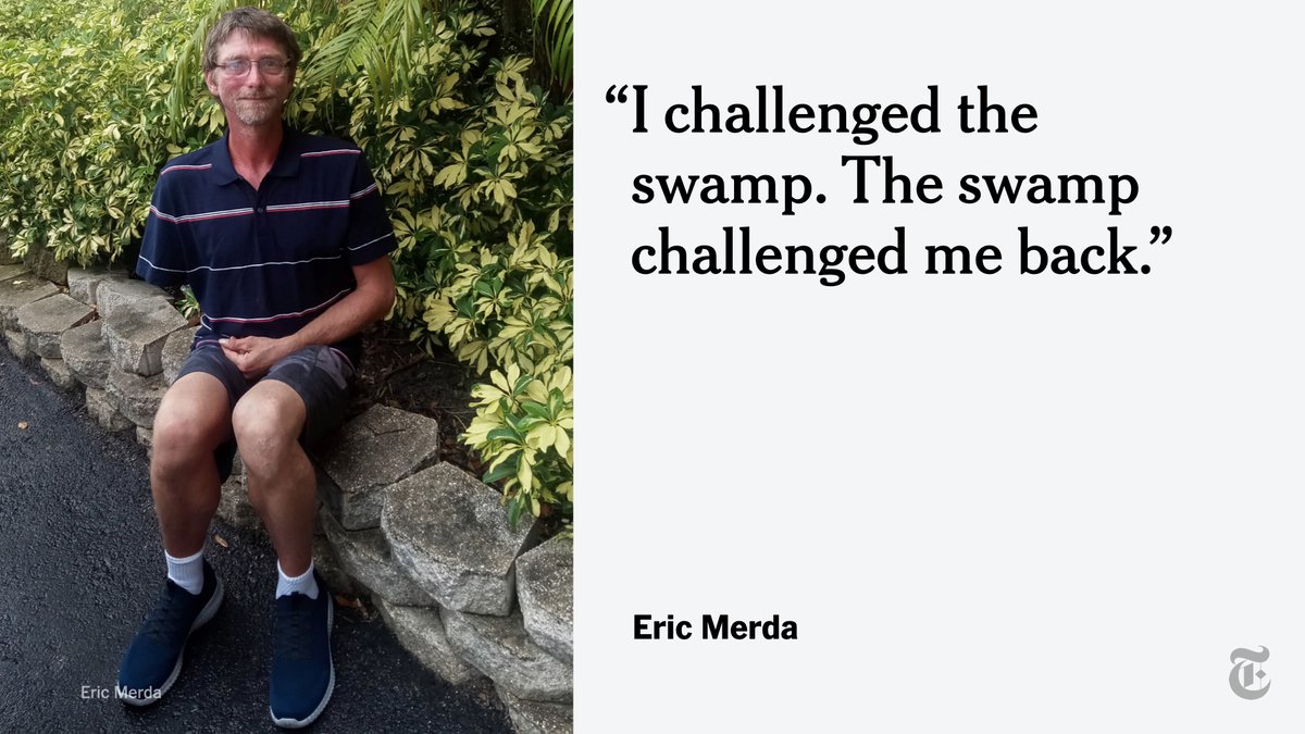 nytimes's tweet photo. Eric Merda decided to explore a swamp in Florida during his downtime on a summer Sunday. He ended up lost and suffering alone for days after an alligator bit off his right arm. Now, he's sharing his nightmare survival story. https://t.co/djUImnLrtO https://t.co/S8dPuJfZbe