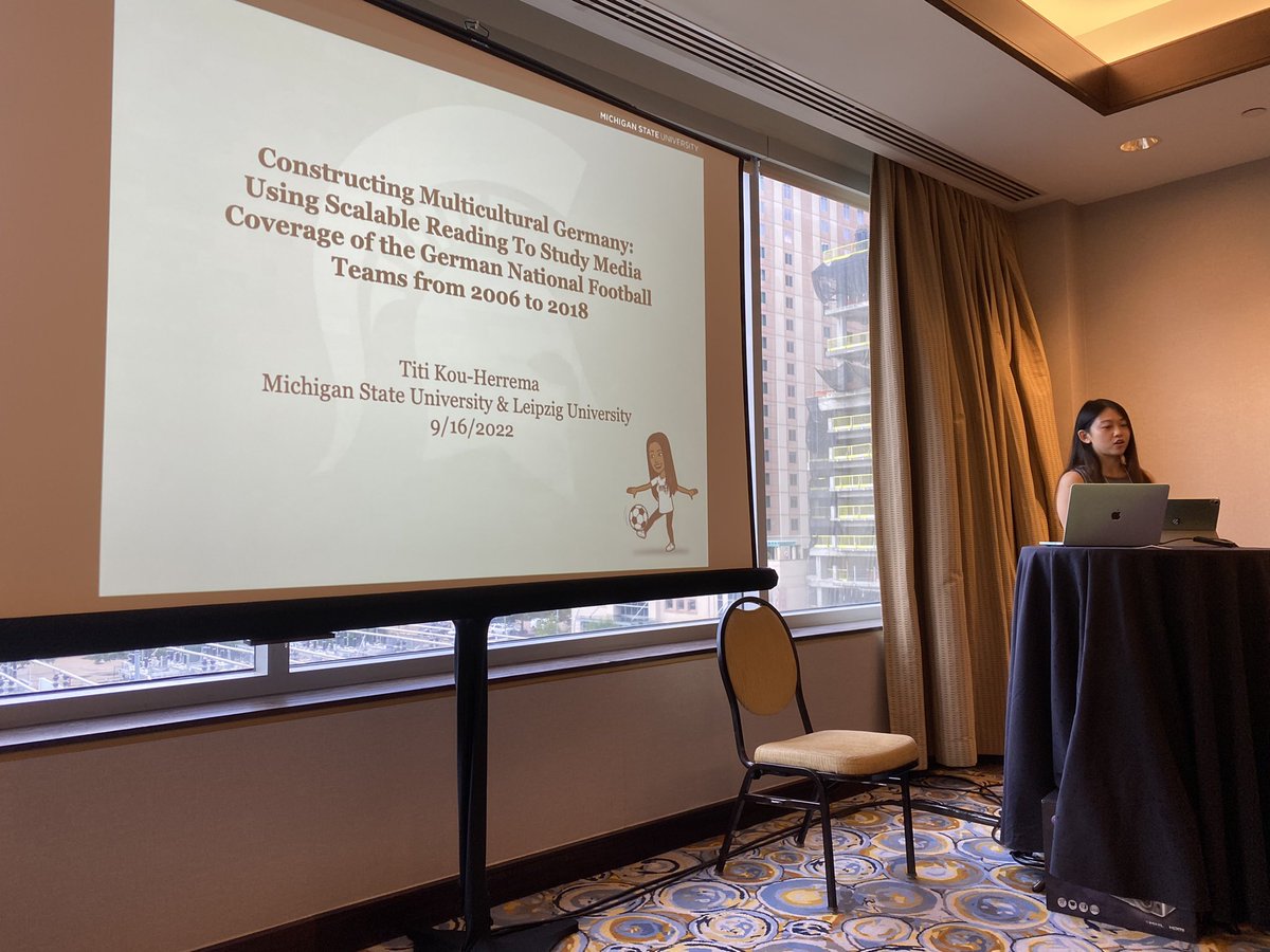 janasinakeck's tweet photo. #lastbutnotleast: @kou_tianyi presents her exciting #dissertationproject „Constructing Multicultural Germany: Using Topic Modeling To Study Media Coverage of Die Mannschaft from 2006 to 2018.“ #digitalhumanitiesandfootball #mediadiscourse @TheGSA https://t.co/If2gzWlsVd