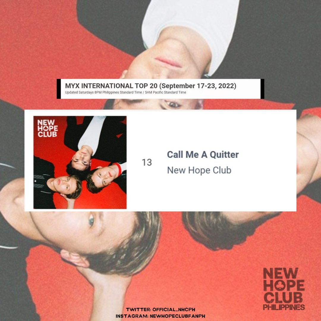 Official_NHCPH's tweet photo. Happy Sunday everyone! We know it's too early to post this, but we can't wait to share the good news!! 🤗🤩

Call Me A Quitter by @NewHopeClub has climbed to the 13th spot on the MYX INTERNATIONAL TOP 20.🙌

We're doing great, so keep voting 🥰

Vote here: https://t.co/0dAlHNv1ih https://t.co/umkJDpxiOM