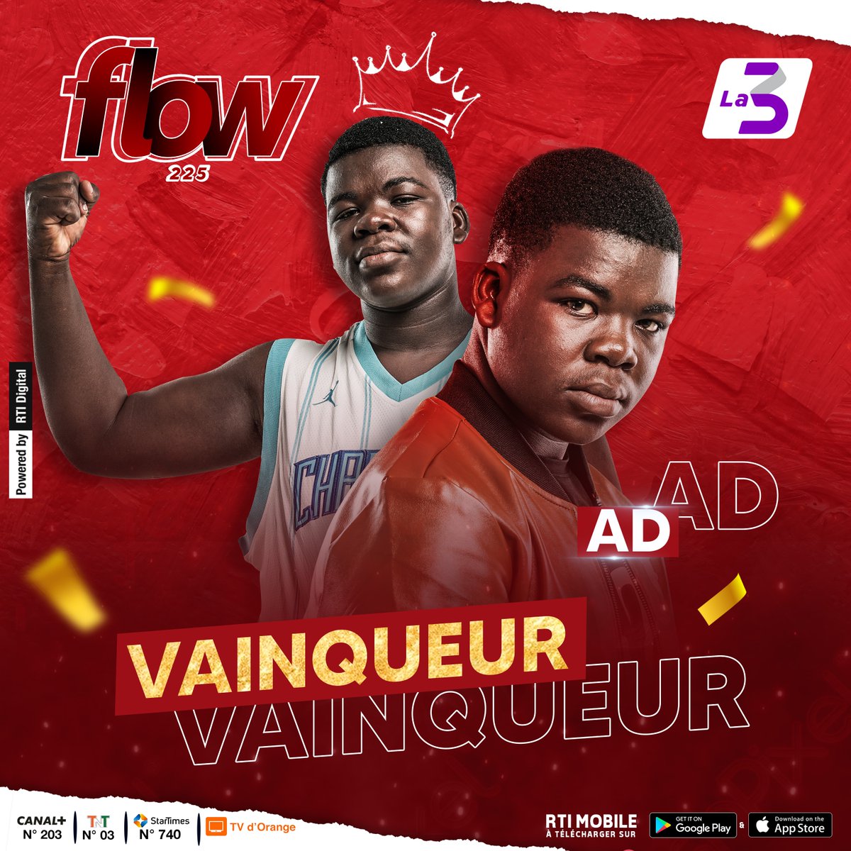 La3officiel's tweet photo. 🚨 C'est fait ! AD remporte cette première édition de #Flow225 et devient le nouveau Prince du #RAP_Ivoire ! 🔥 Félicitations champion 👏🏾 #La3 #3xPlus https://t.co/Q6NBztNBsR
