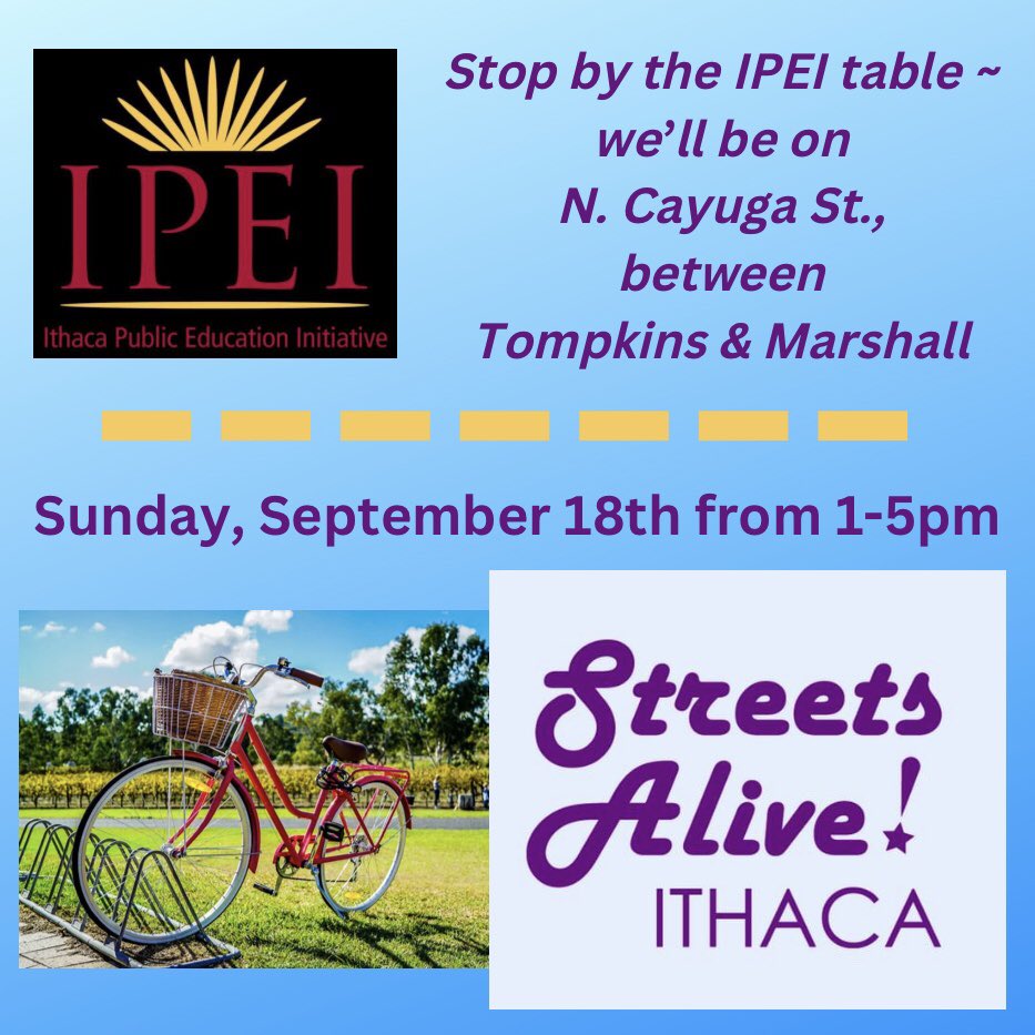 IthacaPEI's tweet photo. Sunday! We’ll be at #streetsaliveithaca with some activities and info about everything IPEI!  Thanks to #bikewalktompkins for putting this event together each spring and fall.

#ithacany #flxfun #ithacakids #ithacaPEI https://t.co/3oC06GqMlO
