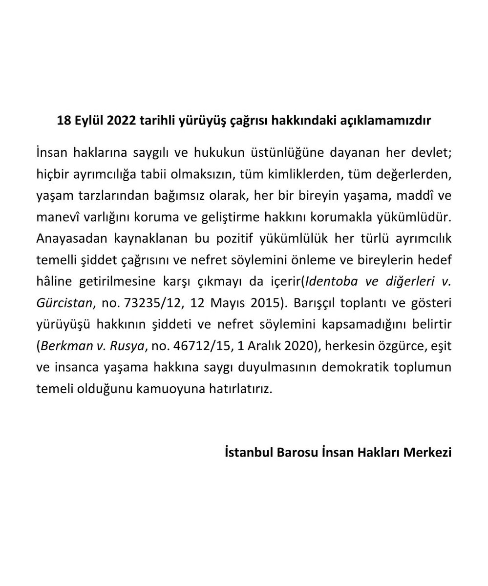 istbaroihm's tweet photo. Barışçıl toplantı ve gösteri yürüyüşü hakkının şiddeti ve nefret söylemini kapsamadığını belirtir (Berkman v. Rusya, no. 46712/15, 1 Aralık 2020), herkesin özgürce, eşit ve insanca yaşama hakkına saygı duyulmasının demokratik toplumun temeli olduğunu kamuoyuna hatırlatırız. https://t.co/ePpPzE1oIL