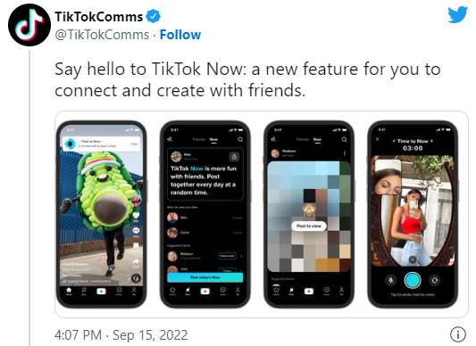 BestBeReal's tweet photo. #BeReal Idea is going to be used on TikTok called "TikTok Now" The feature will send users daily prompts to post 10-second videos or static photos using both the front and back cameras. TikTok is launching a dual camera feature akin to BeReal's popular daily photo prompt. https://t.co/Tw3Lh9HVXb