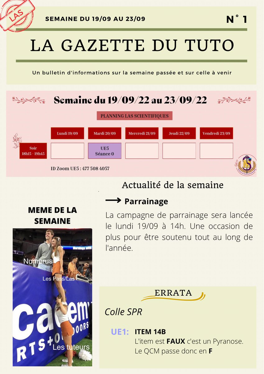 📰GAZETTE DU TUTO N°1📰

Bonsoir ☀️

Voici la première Gazette du Tuto pour l’année 2022-2023 ! Chaque semaine, vous pourrez y retrouver le planning, les erratas des séances passées, les actualités de la semaine à venir, ainsi qu’un mème concocté par vos tuteurs.

Bonne lecture !