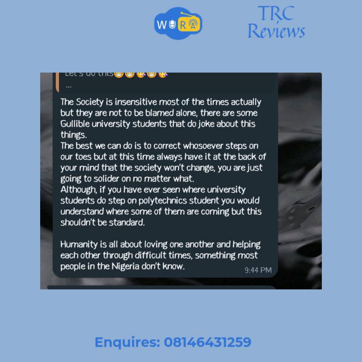 WURARADIO's tweet photo. It's the "Wura dey para" for us!
Somethings need to be said right? This latest episode of TRC is one that you shouldn't miss!
Listen via the link below π
https://t.co/UbzuqQekz5
#ASUUstrike
#Federalgovernmentwhy
#therealcorner
#reviews https://t.co/X7iAkCKrre