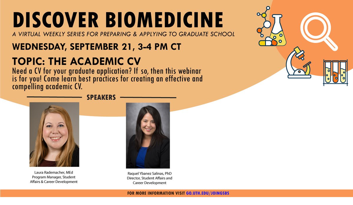 Join our admissions team for the second installment of the Discover Biomedicine Series on September 21 from 3-4 p.m. CT to learn how to create a compelling and effective academic CV.
GO.UTH.EDU/DISCOVERBIOMED…
#WeAreGSBS #endcancer #UTHealthHouston