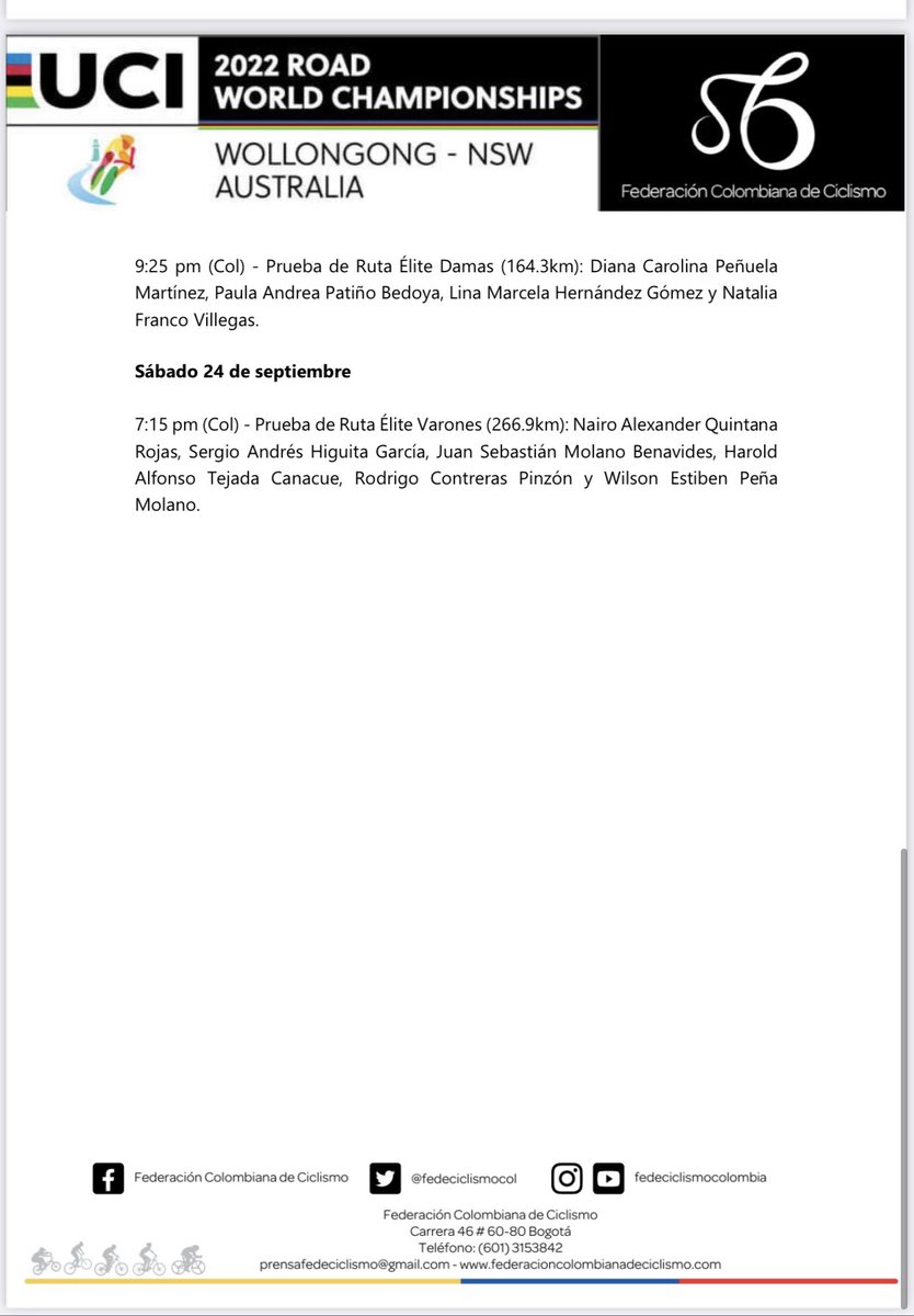 Así será la Programación de la Selección Colombia Andina en el Campeonato Mundial de Ruta en Australia.

¡Hoy comienza la acción 🔥🔥 #OrgulloPADPista <a href="/MinDeporteCol/">Ministerio del Deporte</a> <a href="/fedeciclismocol/">Federación Colombiana de Ciclismo</a> !