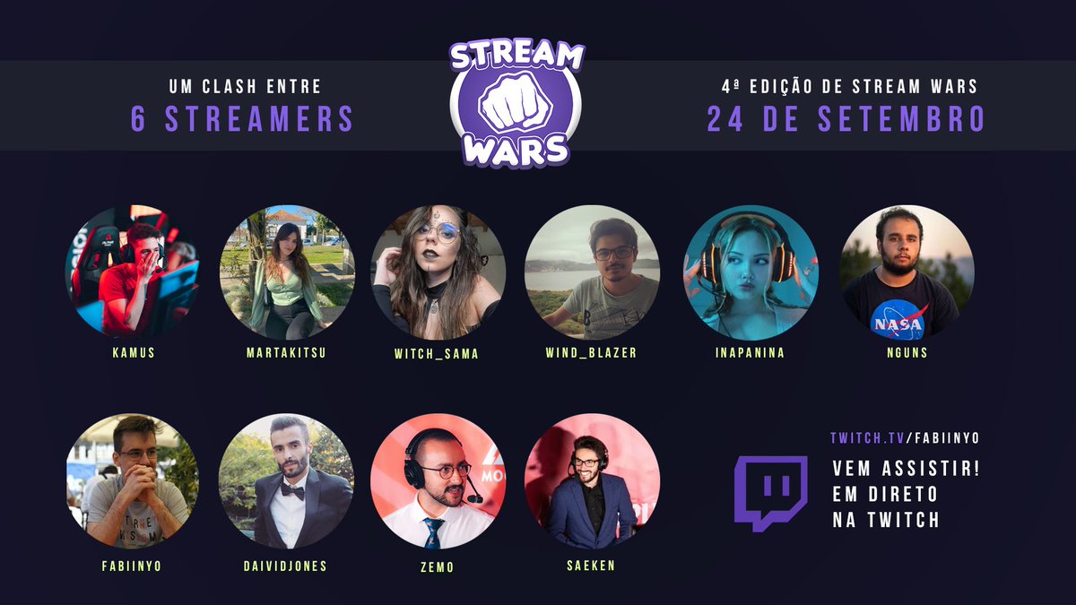 O regresso das Stream Wars! <a href="/KamusLoL/">Kamus</a> <a href="/martakitsu/">Marta</a> <a href="/Witch_Samaa/">Witch 🖤</a> <a href="/Wind_Blazer/">Wind Blazer</a> <a href="/CarolinaNop/">ina</a> e <a href="/NgunsL0L/">Nguns</a> vão colocar as suas comunidades à prova. Com o <a href="/SaekenCasts/">Saeken</a> e o @Zemo_lol comigo no cast + o <a href="/daividjones/">Daividjones</a> a entrevistar!
twitch.tv/fabiinyo às 14h, dia 24/09! Schedule soon.