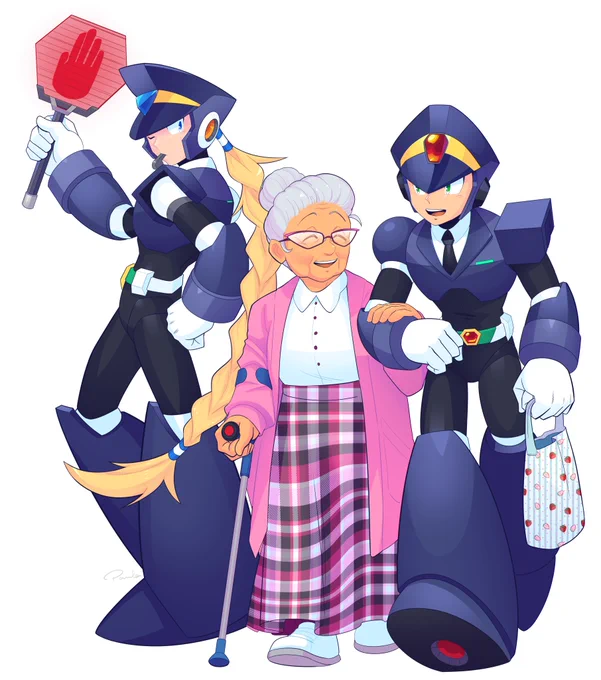Commission for  This is Zero and X as public safety officers when they're not hunting Mavericks. here they are helping a granny cross the street!Thank you very much for commissioning me!  