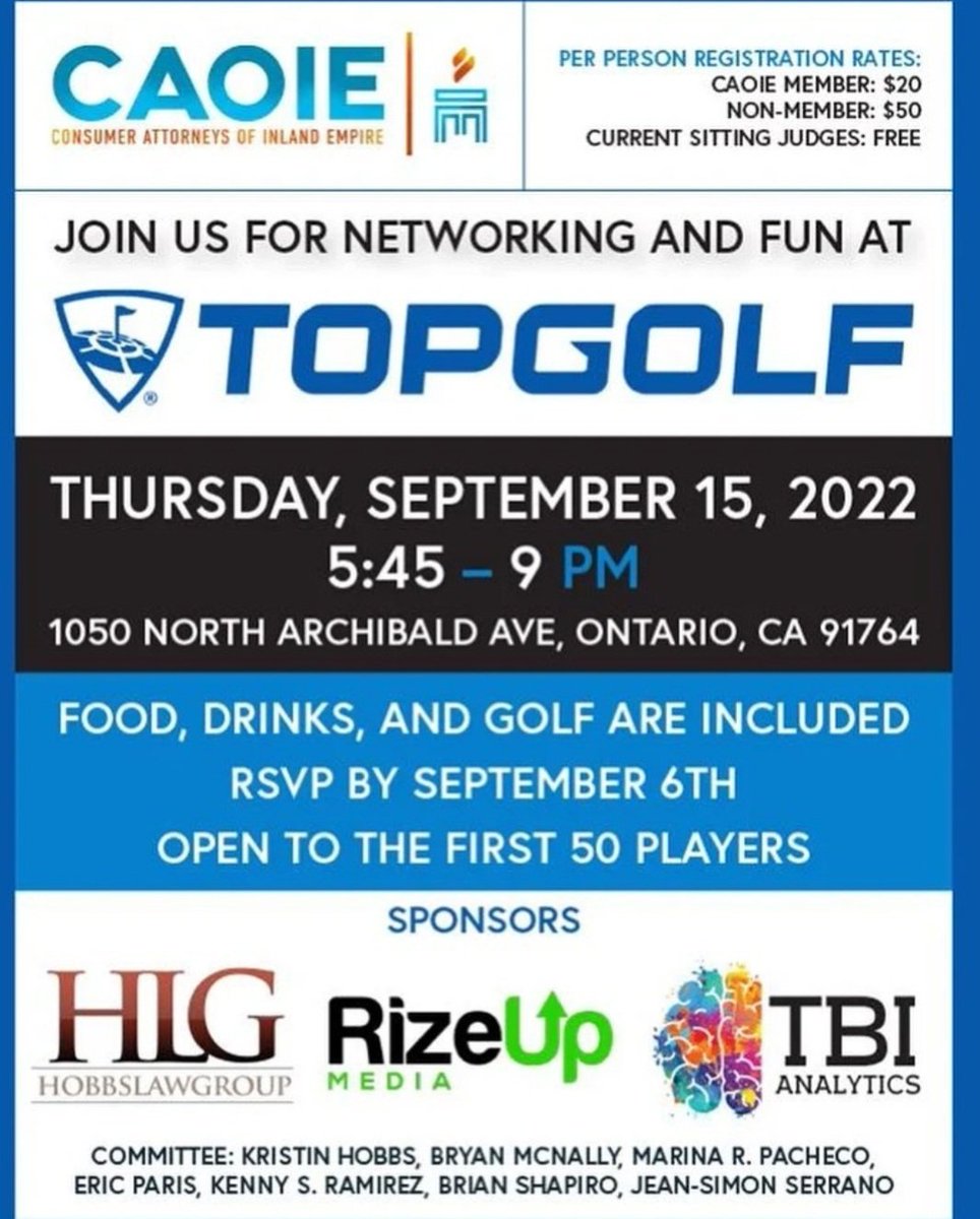 TravisHoechlin's tweet photo. Fantastic Top Golf networking event and honored to be a sponsor for CAOIE. Great group of attorneys. Thank you Eric Paris for the invite. We look forward to the next one. RizeUp Media https://t.co/bqidya6Fkd