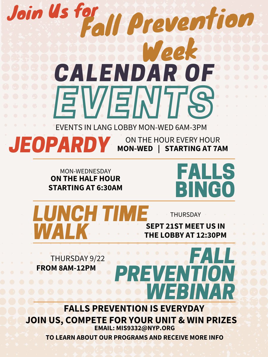 Check out these upcoming falls prevention activities! Fall Prevention Week 9/19/2022- 9/22/2022 sign up for the webinar here: nyph.zoom.us/webinar/regist…