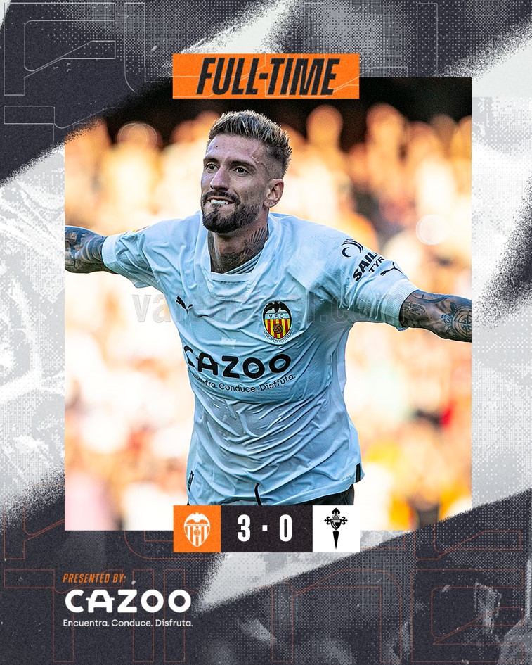 valenciacf's tweet photo. #ValenciaCelta 🦇🔵

⚽ 3-0 | FINAAAAAAAAAAAAL DEL PARTIDO

El factor #Mestalla vuelve a ser determinante. Vusetro apoyo ha sido clave para lograr esta victoria. TOTS A UNA VEU!

#CORVCF 
#ADNVCF https://t.co/sGkrkCSlfD