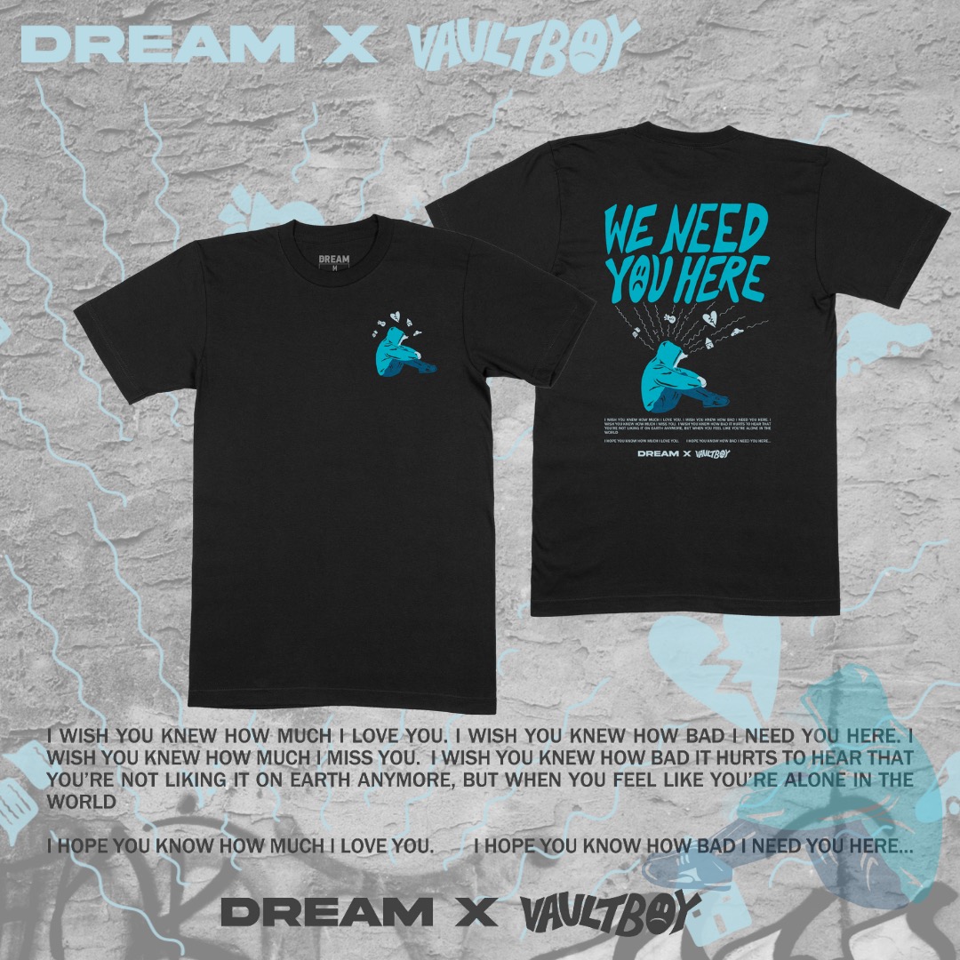 vaultboy's tweet photo. HYPE to bring you the ‘we need you here’ t-shirt!! in collaboration with @dreamclothing -  100% of profits will go to @NAMICommunicate to help raise funding for mental health support 💙

shop @ https://t.co/WlbgCQvsCR https://t.co/99rrzJMY6q