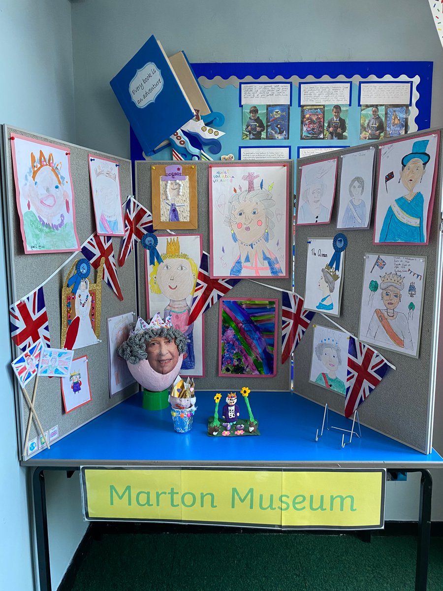 MartonAcademy's tweet photo. Last week at The Marton Academy, we held a special assembly to celebrate the amazing life of Queen Elizabeth II. 
Our Marton Museum stands proud, which currently holds the children’s work based around the Queens Jubilee. https://t.co/AlE6PYYW9d
