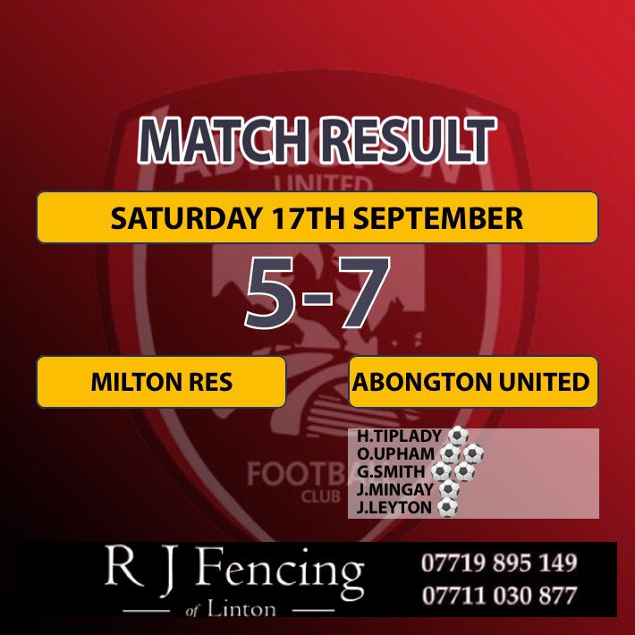 FULL TIME! <a href="/miltonfc_/">Milton Football Club</a>  res 5-7 Abington United! Captain <a href="/Tippers7_/">Harry Tiplady</a> starting our season of with our first goal! A brace each for wingers <a href="/George_smith20/">George</a> &amp; <a href="/OllieUpham_/">Ollie Upham</a> ! 1 each for new ST J.Mingay &amp; J Leyton with a well placed chip over the keeper! 
Good performance from all today