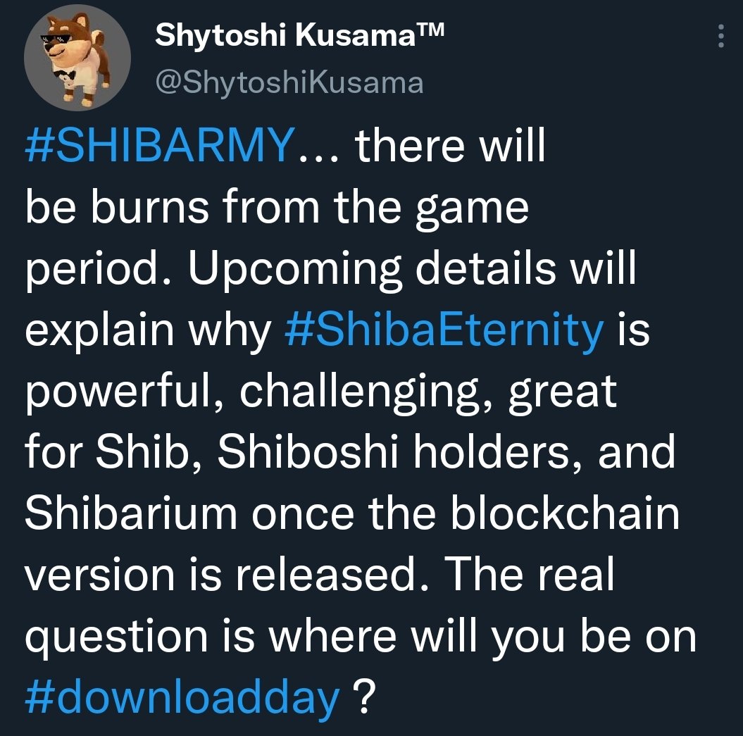 #SHIBARMY Here is a big news by @ShytoshiKusama The Game will BURN #shibainu tokens!