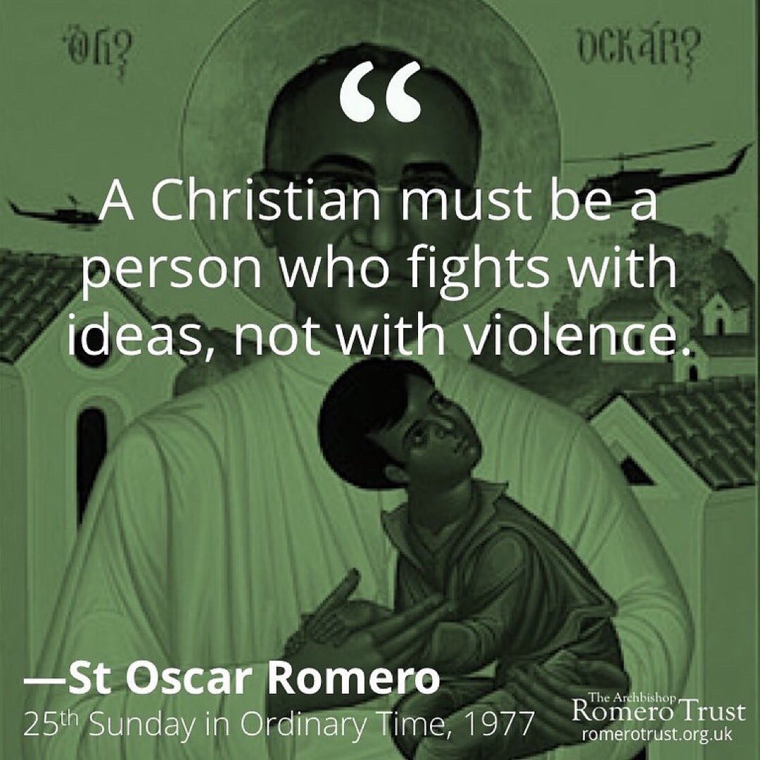 A Christian must be a person who fights with ideas, not with violence —St Oscar Romero, 25th Sunday in Ordinary Time (C), 1977. Read/listen romerotrust.org.uk/homilies-and-w… #StOscarRomero #Christian #Justice #Ideas