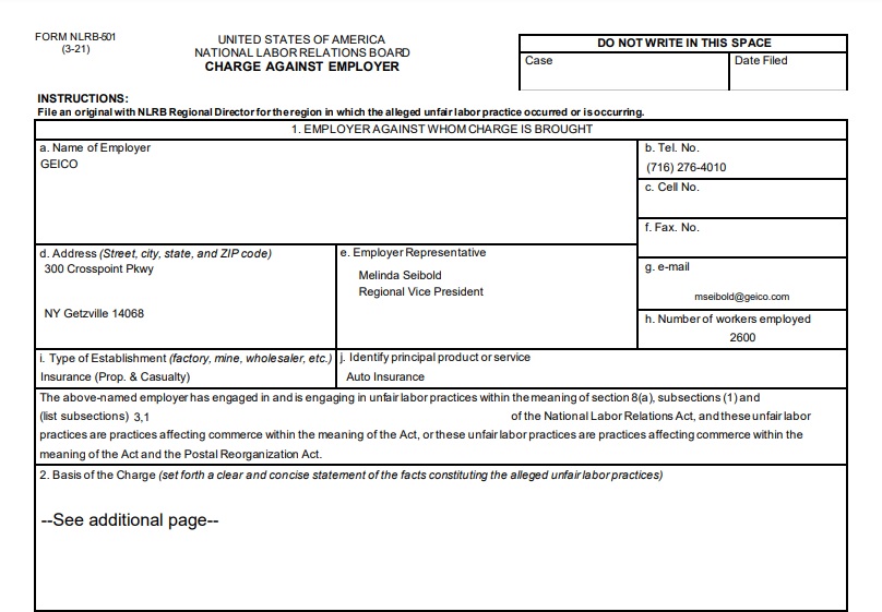 ‼️ New Labor Charges filed against <a href="/GEICO/">GEICO</a>  ‼️

Today, <a href="/GeicoUnited/">Lila Balali</a> requested <a href="/NLRB/">NLRB</a> <a href="/NLRBGC/">NLRB General Counsel</a> to issue a national complaint against GEICO for their numerous labor law violations.

(👀 Attached Unfair Labor Charges)