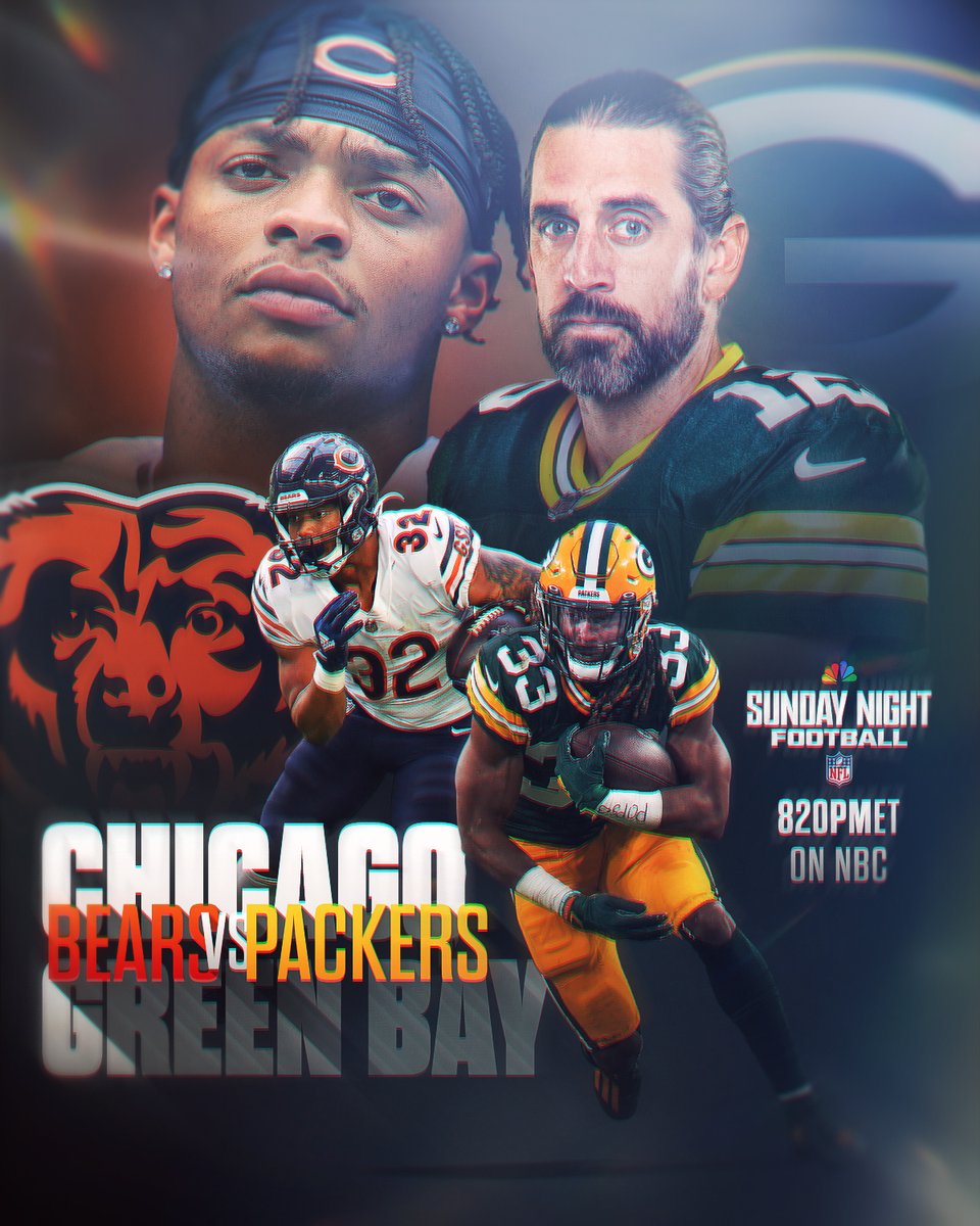NFL's tweet photo. A rivalry as old as time under the Lambeau lights. ✨

@ChicagoBears | @Packers

📺: #CHIvsGB -- Sunday 8:20pm ET on NBC
📱: Stream on NFL+ https://t.co/fK7vaWAizI https://t.co/zUnAZcQwbR