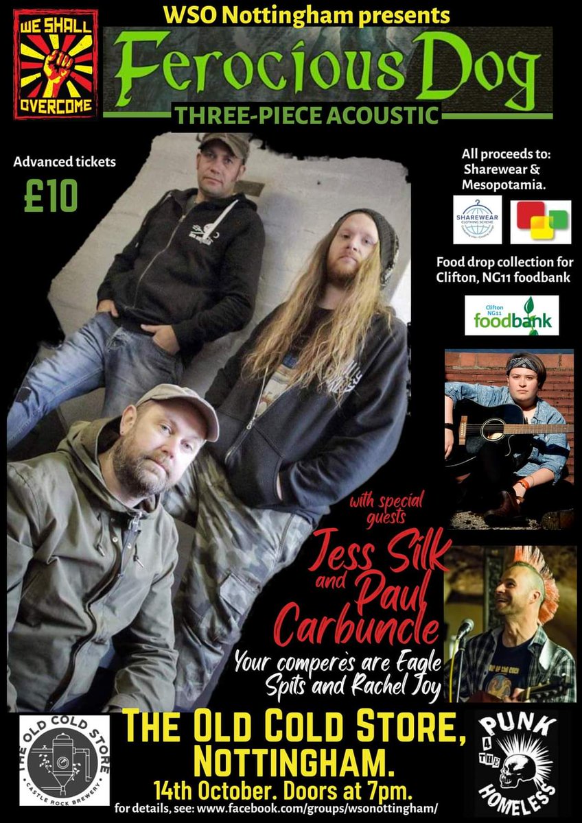 WSO_NOTTS (@wso_notts) on Twitter photo Tix still going for this beast of a #fundraiser for <a href="/MesopotamiaCha5/">MesopotamiaCharity</a> & <a href="/SharewearUK/">Sharewear Clothing Scheme</a>, w/ food-drop for <a href="/ng11foodbank/">Clifton NG11 Foodbank</a> (expand pic for 🔗). Feat <a href="/silkj1/">Jess Silk</a> @PaulCarbuncle & Ken, Dan & Sam from <a href="/FerociousDog/">Ferocious Dog</a>! 14 Oct @ OldColdStore #Nottingham (<a href="/VatandFiddle/">VatandFiddle</a> <a href="/CRBrewery/">Castle Rock Brewery</a>)
✊️♥️
#wso2022 Tix still going for this beast of a #fundraiser for <a href="/MesopotamiaCha5/">MesopotamiaCharity</a> & <a href="/SharewearUK/">Sharewear Clothing Scheme</a>, w/ food-drop for <a href="/ng11foodbank/">Clifton NG11 Foodbank</a> (expand pic for 🔗). Feat <a href="/silkj1/">Jess Silk</a> @PaulCarbuncle & Ken, Dan & Sam from <a href="/FerociousDog/">Ferocious Dog</a>! 14 Oct @ OldColdStore #Nottingham (<a href="/VatandFiddle/">VatandFiddle</a> <a href="/CRBrewery/">Castle Rock Brewery</a>)
✊️♥️
#wso2022