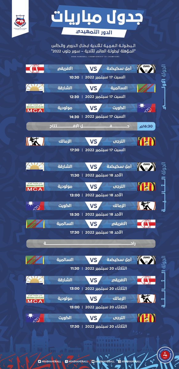 جدول الدور التمهيدى للبطولة العربية لليد ومباريات بطل مصر وأفريقيا والعرب ان شاء الله
