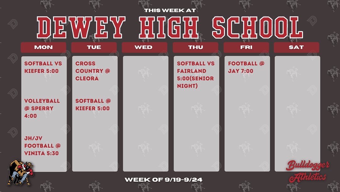 bbcoach55's tweet photo. High School and MIddle School Athletic Schedules for the week of September 19th - September 24th. #BulldoggerAthletics https://t.co/DML9GCCrY2
