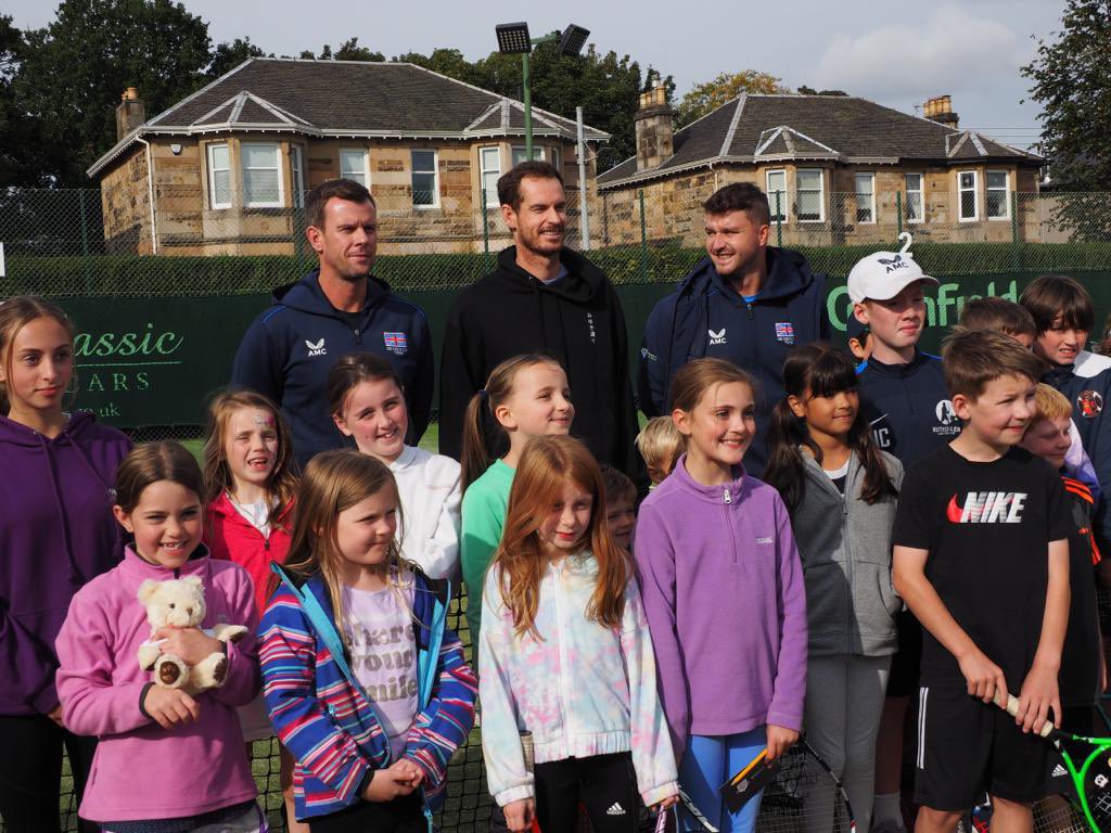 RutherglenLTC's tweet photo. We’ve had many incredible days at our club in recent years but today tops them all! Fabulous #MiniMurrayDay hosted by @JudyMurray with a surprise visit from @andy_murray, @LeonSmith &amp; @Jonny_OMara! It’s all a blur! We’ll post more info and photos when we get back down to earth! https://t.co/70MJF176Bx