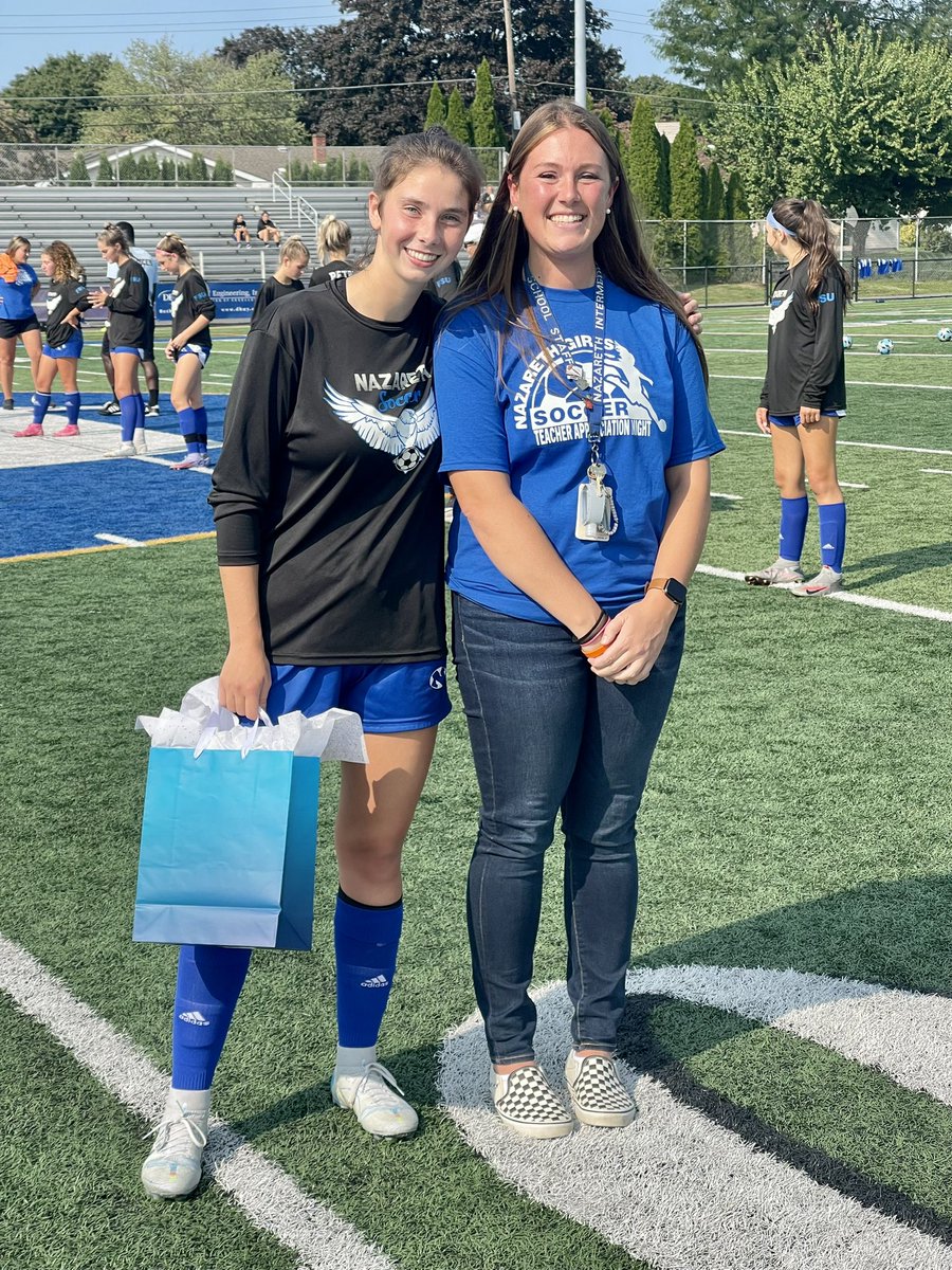 Last night we hosted Teacher Appreciation Night. Our Seniors chose their favorite teachers: Miss Morrison and Mrs. Caracappa and we honored them in a ceremony before kick off. #ThankATeacher #GoBlueEagles 💙🦅⚽️ <a href="/NAHSBlueEagles/">Nazareth Athletics</a> @NazHSPrincipal