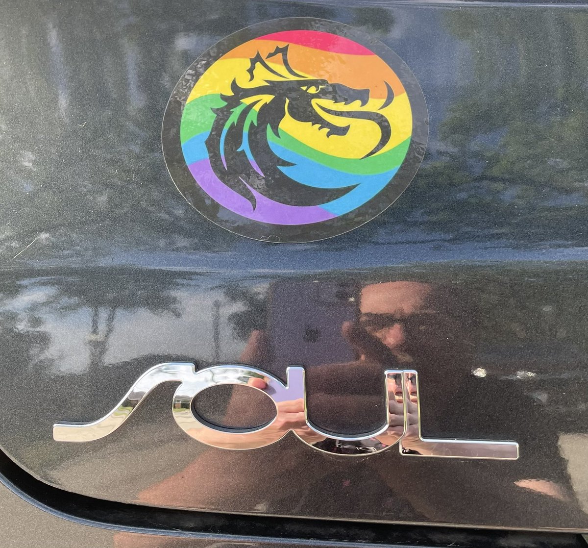 fuzzbone's tweet image. I&apos;ve never been one for putting stickers on my car. But this one, the symbol of the group Dragon Dads a support group for affirming dads of LGBTQ+ kids I proudly display. The fact my car&apos;s model name is &quot;Soul&quot; is an added plus.