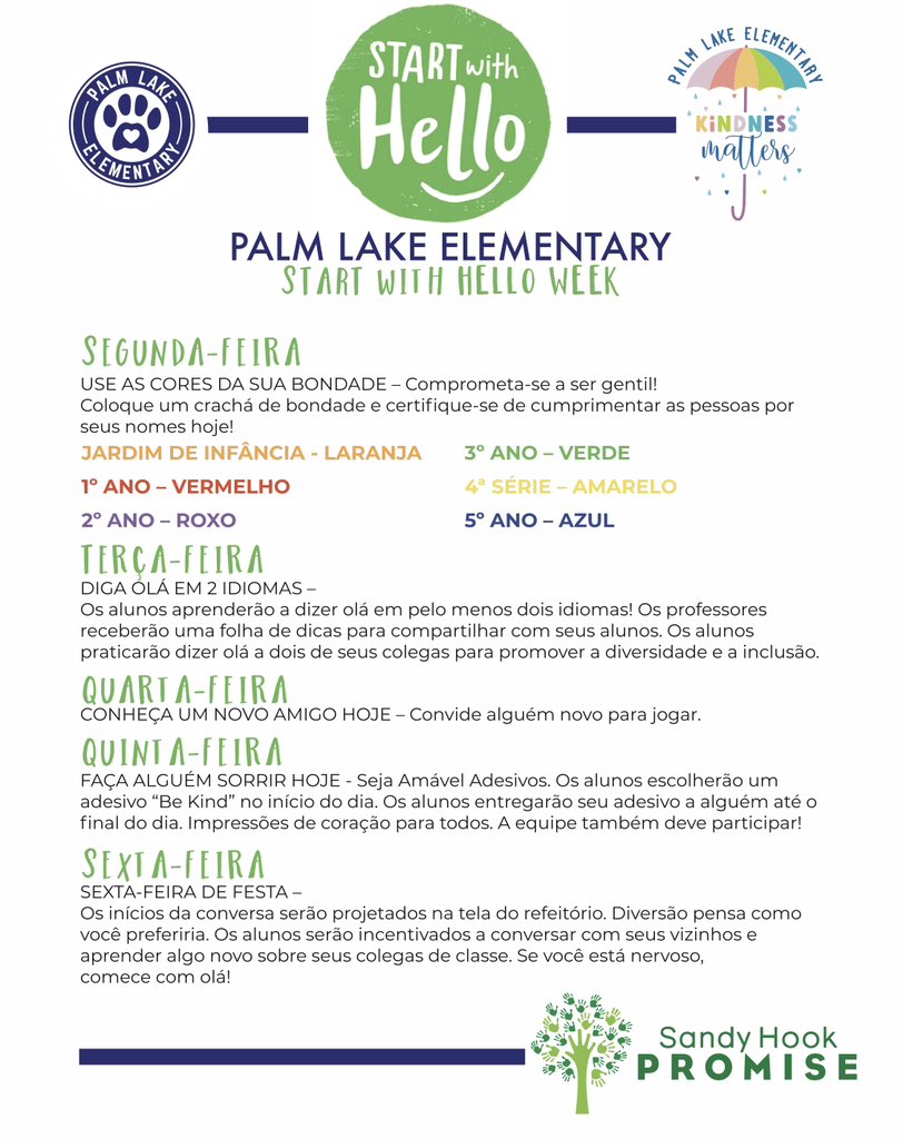 PalmLakeES_OCPS's tweet photo. Bobcats - Start With Hello Week at PLE begins Monday by wearing your grade level kindness color 💙🐾💛 #SandyHookPromise https://t.co/vBKzIUoa1j