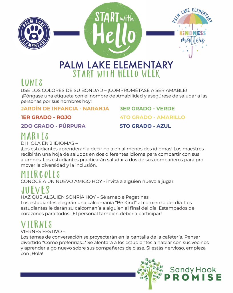 Bobcats - Start With Hello Week at PLE begins Monday by wearing your grade level kindness color 💙🐾💛 #SandyHookPromise