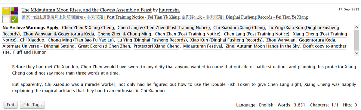 I'm late to comment, but please enjoy this zine that everyone worked so hard on, and also my Mingwang piece written as a Dinghai AU with Chen Zhen and Xiang Cheng setting up a Midautumn Feast: archiveofourown.org/works/41765502