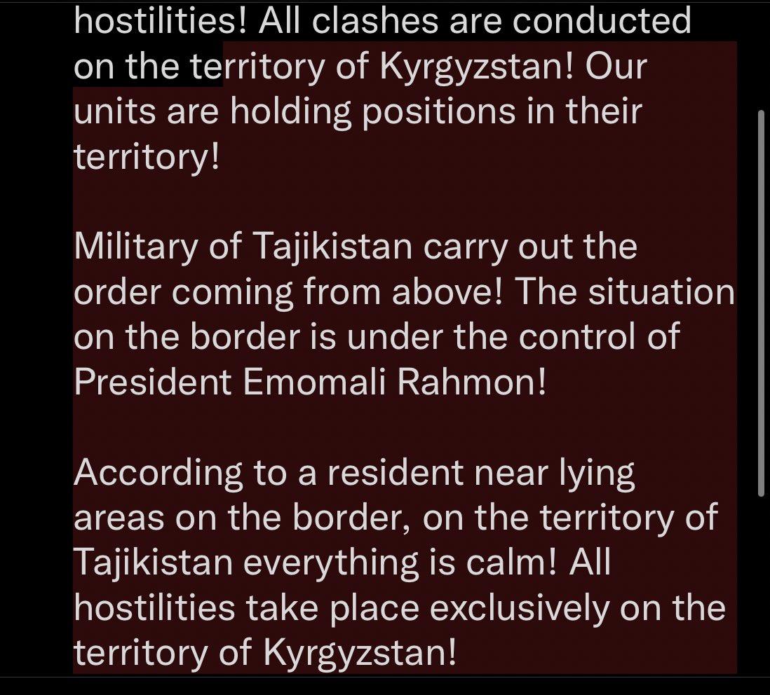 ayaykov's tweet photo. Tajik telegram Chanel says: All combat operations take place on the territory Kyrgyzstan!
At the moment there is a complete misinformation in the media! Don't panic! We are in touch with a person who is directly near the point of hostilities! https://t.co/Pcpo3N7V9B