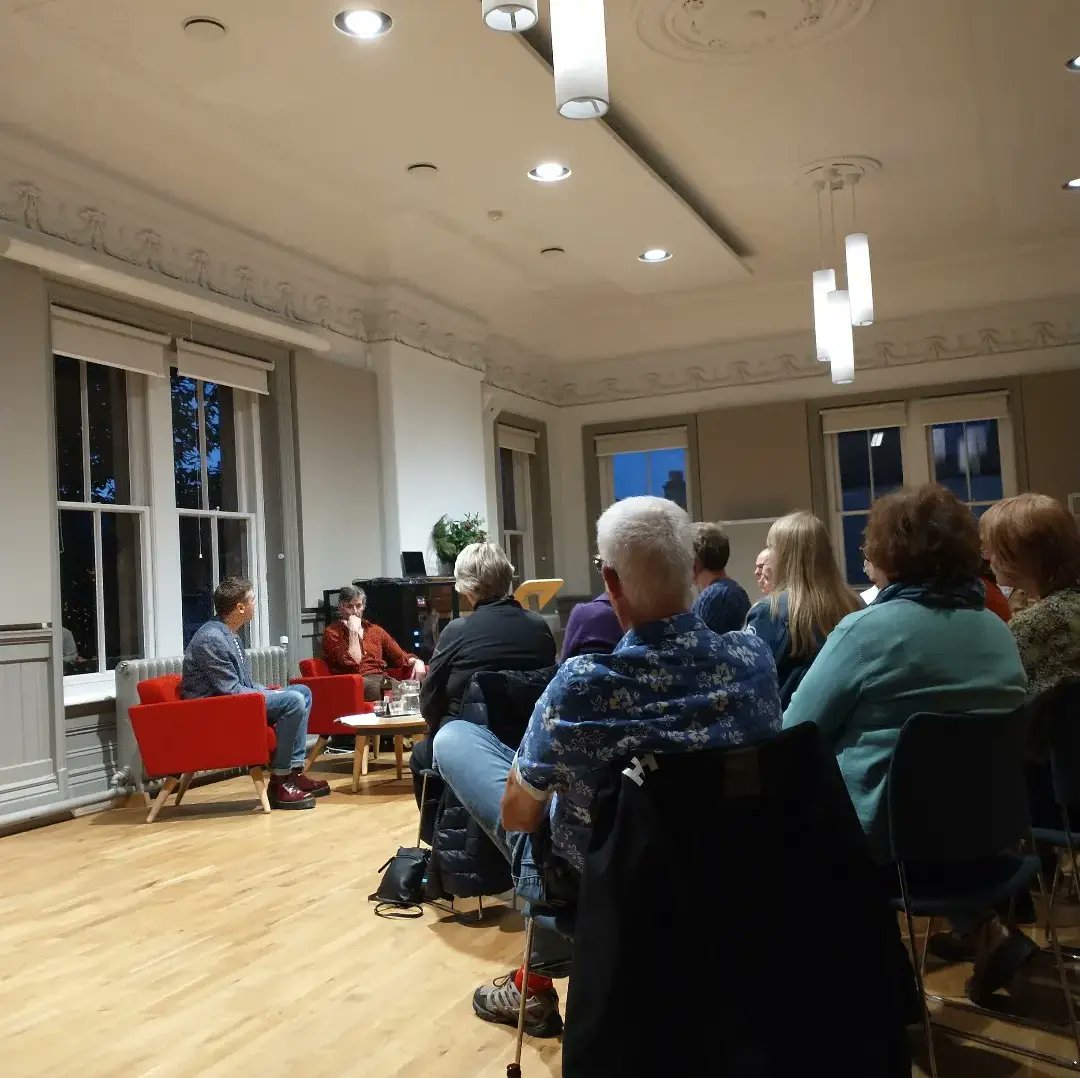 fromelitfest's tweet photo. Our second event and we're with authors Andrew Miller and Keith Stuart as they talk about Andrew's latest novel The Slowworm's Song and the challenges and joys of writing and research. Another brilliantly warm and intimate event between two generous and contemplative authors. https://t.co/4nfVJWGhE0