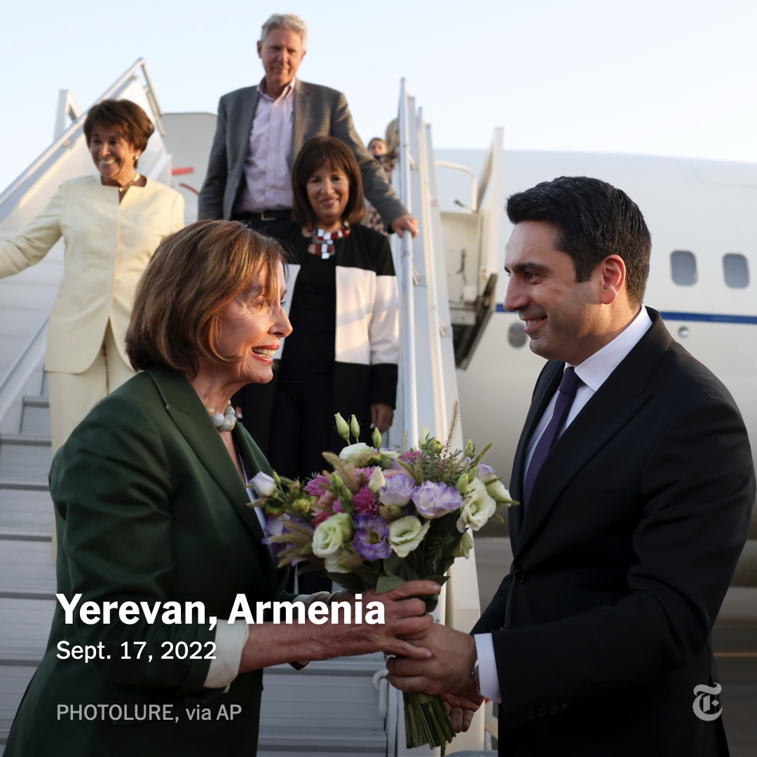 nytimes's tweet photo. Speaker Nancy Pelosi arrived in Armenia on Saturday, leading a congressional delegation in a show of support for the nation after an outbreak of fighting with neighboring Azerbaijan resulted in the deaths of more than 200 people this week. https://t.co/oWUJYsRWnP https://t.co/vtAn3GuPOA