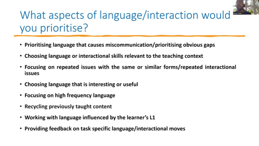 3 ideas for developing our skills for working with #emergentlanguage, inspired from R. Chinn's webinar (link at the end):

(1) Record yourself giving content & language feedback, then watch it & reflect on your choices both FB types (use the menu of options - see screenshot)