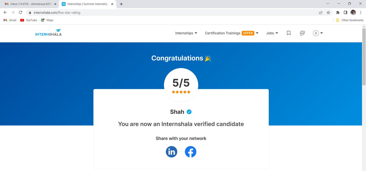 tech2ahmad's tweet photo. So glad to share that Finally I became a Internshala Verified Candidate😀

Thank You @Internshala 
#Internshala https://t.co/dBAr3AYzPM