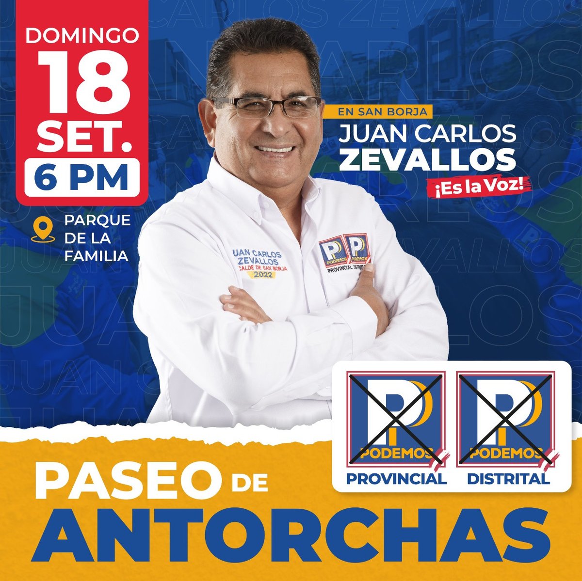 JuanCZevallos's tweet photo. Los invitamos a participar MAÑANA, domingo 18 de setiembre, a partir de las 6 p. m. en el Parque de la Familia, para pasar un entretenido paseo de antorchas.
Este 2 de octubre, marca las dos P de Podemos Perú.
💙🅿️🅿️💙
#ConJuanCarlosPodemos #HonestidadYExperiencia #MarcaLaP https://t.co/FOiOxCgBqz