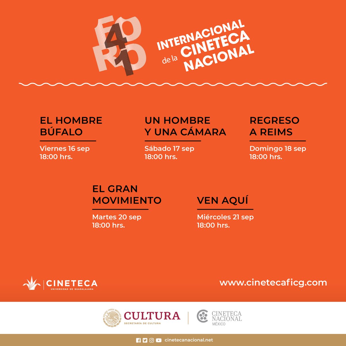 CinetecaFicg's tweet photo. Recuerden que hasta el 21 de septiembre podrán disfrutar del #41Foro Internacional de la @CinetecaMexico, te dejamos los horarios.
Para más información entra acá 👉 https://t.co/KRAQ4YiIGZ https://t.co/jYCDeEsVen
