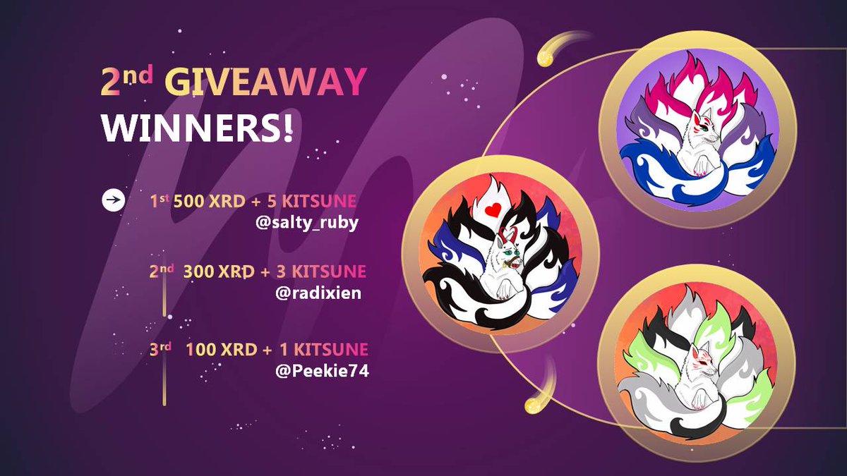 KitsuneXRD's tweet photo. 🔴🟠🟡🟢🔵🟣🟤⚫️

2nd GIVEAWAY RESULTS!!

🥁🥁

🥇
 @salty_ruby wins 500 XRD + 5 KITSUNE

🥈
@radixien wins 300 XRD + 3 KITSUNE

🥉
@Peekie74 wins 100 XRD + 1 KITSUNE

Congrats for adopting our #RadFoxes ! 🦊

It's not over yet... bigger giveaway to be annouced tomorrow 🚀 https://t.co/kVHcEu5hOk