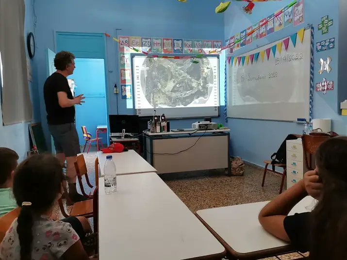 Telling the story of the Antikythera mechanism at Thymaina island primary school. One of the most remote islands in Greece, just 3 pupils, amazing experience!