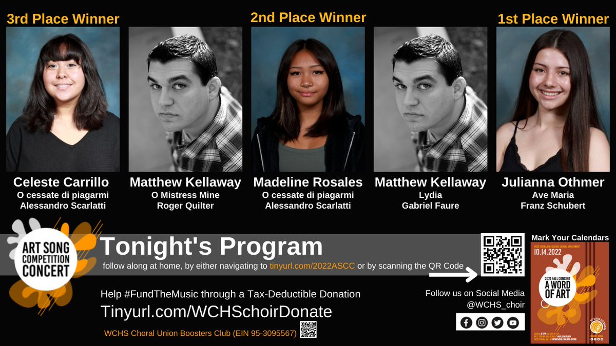 WCHS_choir's tweet photo. Tonight’s the night! Our first concert in our ’22-’23 Academic Concert Series - the Art Song Competition Concert. 

Find LIVE Stream for this virtual concert at 7pm (PST) at:
https://t.co/jfGtUZngZ1

@westcovinahs @WestCovinaUSD @emyflores5 @DrParkWCHS @MrVelaWCHS @mxwongster https://t.co/lTAuoFAk4S