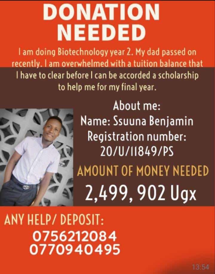 Ssuna Benjamin is a second year student at Makerere University in need of financial assistance to aid him complete his studies. Please join us and let’s support @Suuna_Benjamin. Kindly retweet and share🙏