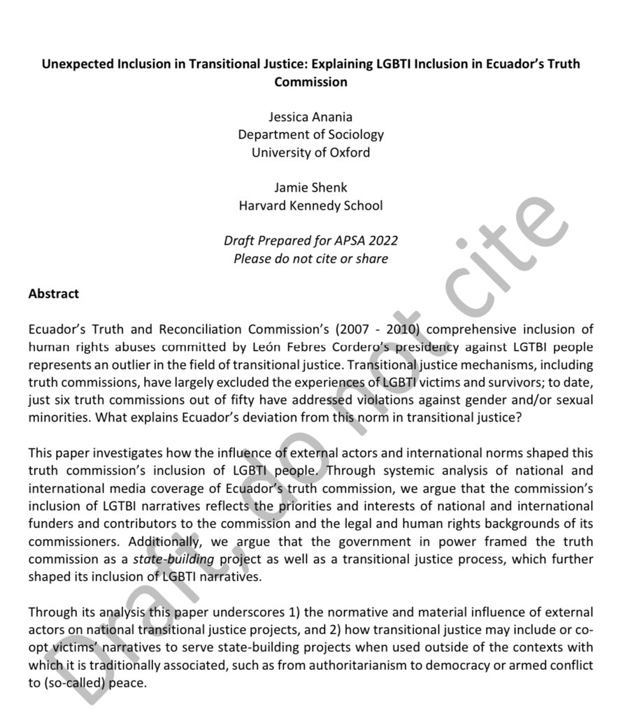 Awake at 8am wondering when and why trans narratives are included in #TransitionalJustice? Come to Westin Villa-Marie A to hear <a href="/Jessica_Anania/">Jessica Anania</a> and I explain “Unexpected Inclusion in Transitional Justice”.