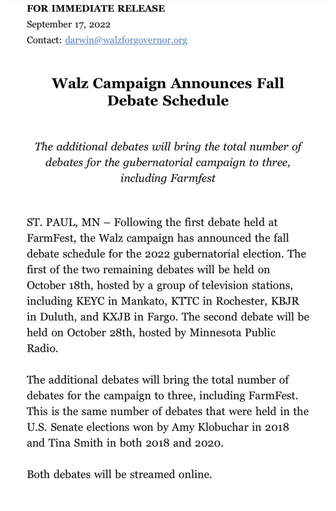 No Almanac? No KSTP? After I beat Tim Walz at the FarmFest debate, he has cancelled every debate with a live audience since and now is running from metro TV (remember his “80% of kids” flub). Walz is afraid to debate because his record is one of failure. He will be defeated.
