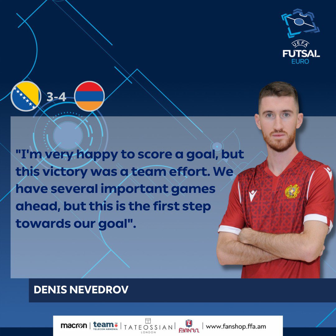 OfficialArmFF's tweet photo. Denis Nevedrov, who scored the winning goal today, shares his thoughts about the match🎙️
#futsalWC #Futsal #Armenia #Հայաստան #ArmeniaFNT #BIHARM 🇧🇦🇦🇲 https://t.co/3UXua6ATVM