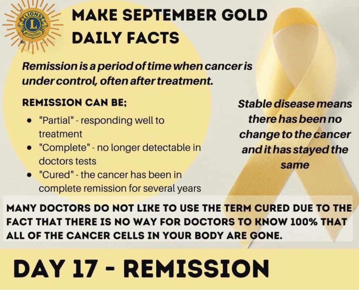 DowntownKgnLC's tweet photo. #makeSeptembergold: Relaspe and Remission in #childhoodcancer #ChildhoodCancerAwarenessMonth #ChildhoodCancerAwareness #DTKLions #weserve https://t.co/DHRkr60FY1