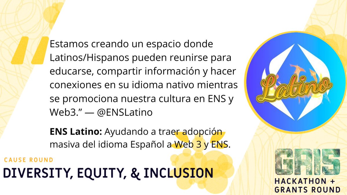 gitcoin's tweet photo. Apoya los subsidios DEI (Diversidad, Equidad, Inclusividad) de proyectos como @ENSLatino, trabajando para educar, construir una comunidad y crear un puente entre Web 3 y los hispanohablantes: https://t.co/weS5oUJX9M https://t.co/aJWZ2M8Axu