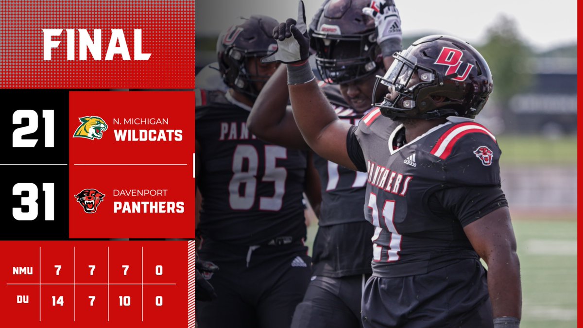 Football Final

DU 31, NMU 21 
DU now 2-0 this season
Caleef Jenkins - 104 rush yards, 2 TD
Jason Whittaker - 75 pass yards, TD
DU was 8-12 on 3rd down

#DUingWork